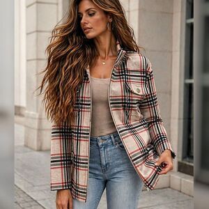 NWT Rachel Zoe Plaid Moto Jacket Sz M Zip Front Snap Pockets Red Beige Check
